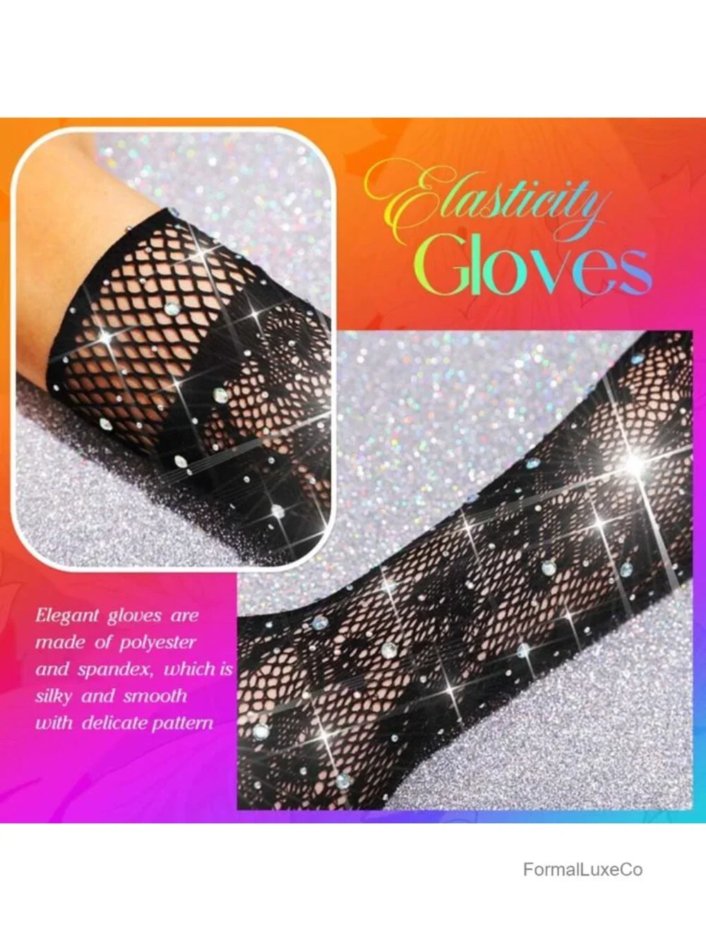 Long Fishnet Rhinestone Gloves Elbow Length Finger Mesh Rave Prom Accessories